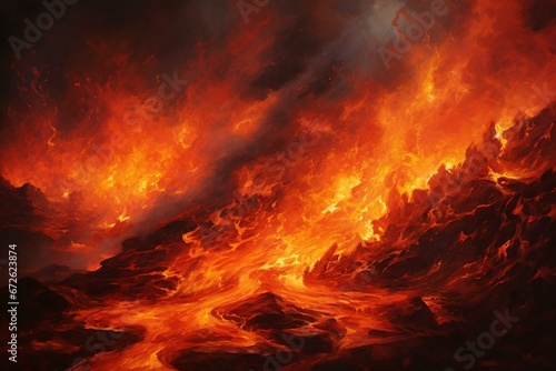 Fiery inferno representing eternal suffering, strength, danger, and raw energy. Horizontal composition. Generative AI
