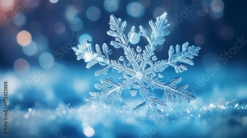 Beautiful snowflake close-up on a blue defocused background, macro photo. © ALA