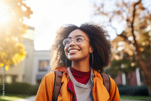 Black woman, student and portrait smile for university, education or scholarship in the outdoors, Happy academic African American female smiling with vision for success, ambition or career at campus photo