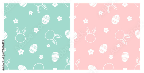 Seamless pattern with bunny rabbit cartoon on green and pink backgrounds vector illustration.