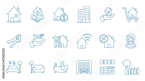 Hand drawn House and Real estate doodle line icon set. House, key, buy, sell, loan, smart home, building, mortgage, address, renovation, kitchen, bedroom, living room, bathroom. 