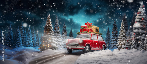 Christmas invitation card background; Christmas, snow and red toy car.
