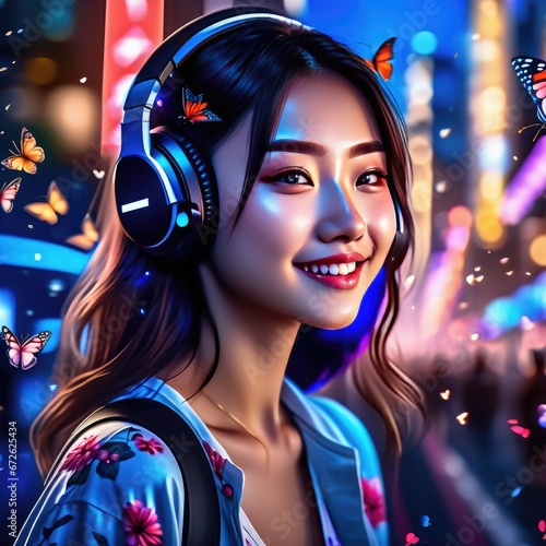 Заголовок: Заголовок: A girl in a megalopolis and butterflies. The girl is Asian. A girl with headphones listening to music, laughing surrounded by butterflies. The girl is in love, Butterflies in her