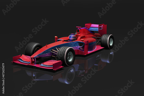 3D illustration of a generic formula one racing car, vividly colored in red shades, isolated on a dark background