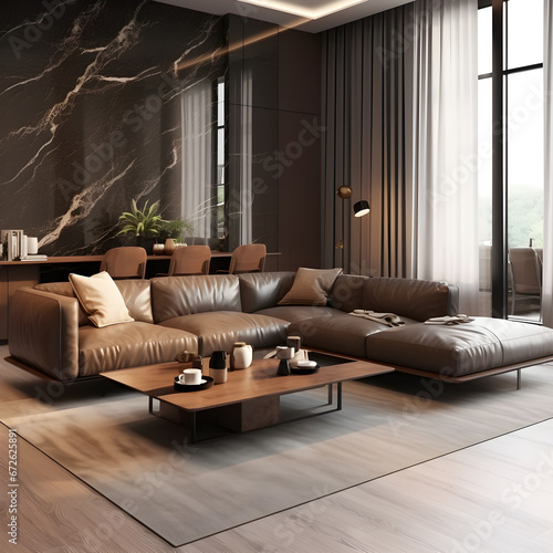 complete modern style living room the imitation leather is in a dark brown granule style and the furniture legs are in marble wood © hamzagraphic01