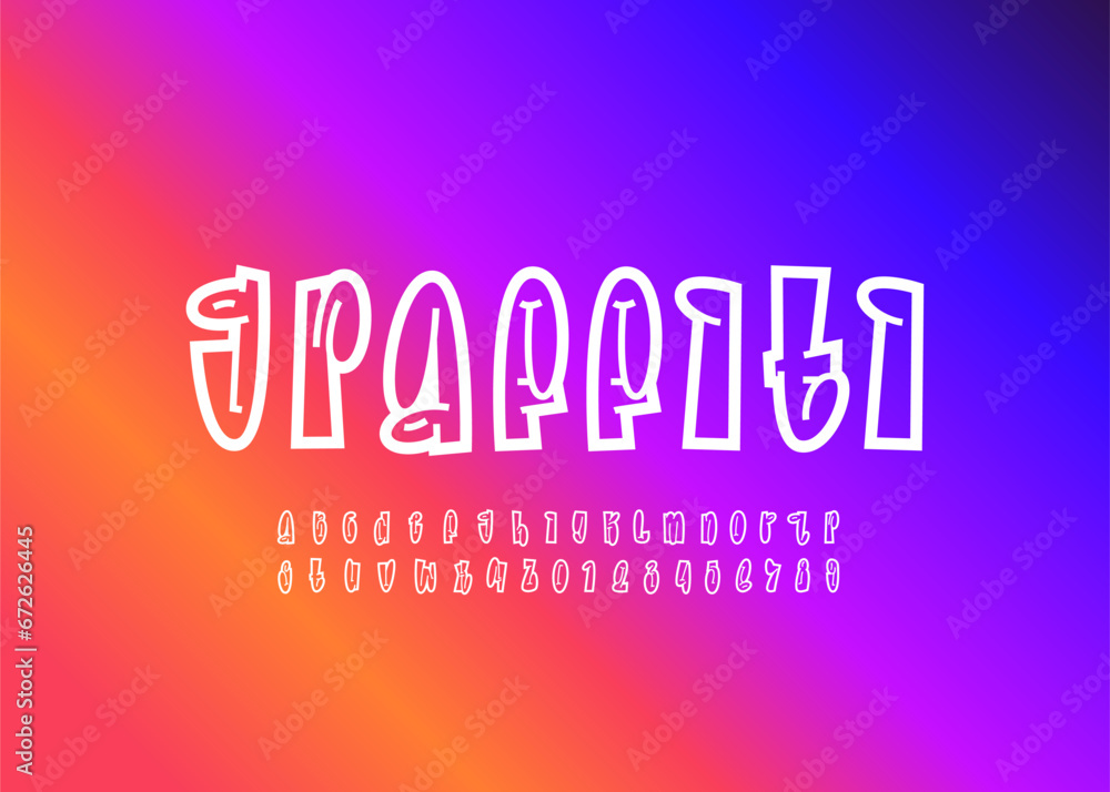 Graffiti long font, white line alphabet in the street art style, narrow lowercase letters and numbers, vector illustration 10EPS