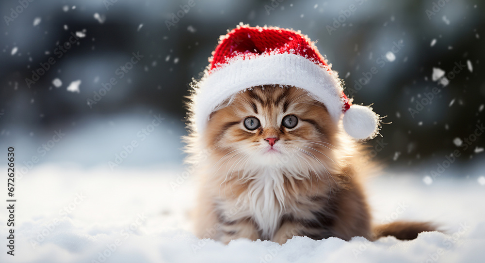 Cute furry kitten in a red Santa Claus hat on bokeh Christmas background