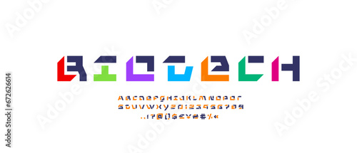 Tech font, digital cyber alphabet, trendy modern Latin letters A, B, C, D, E, F, G, H, I, J, K, L, M, N, O, P, Q, R, S, T, U, V, W, X, Y, Z and Arab numerals 0, 1, 2, 3, 4, 5, 6, 7, 8, 9