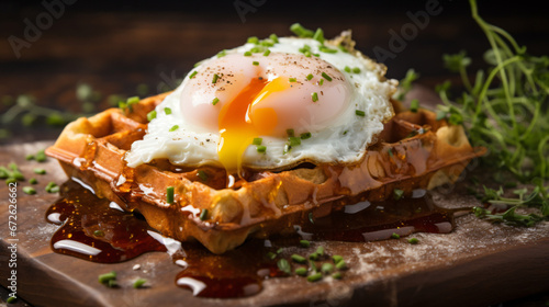 Waffle with opened poached eggs.