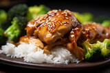 closeup highly detailed plate of chicken teriyaki and broccoli