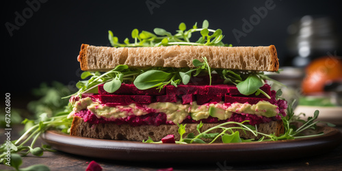 Vegan sandwiches with beetroot hummus with cheese, avocado and arugula