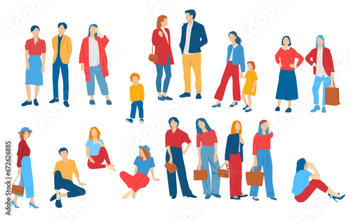 Men, women, teenagers and children standing, walking, sitting, different colors, cartoon character, group silhouettes rest people, students, design concept of flat icon, isolated on white background