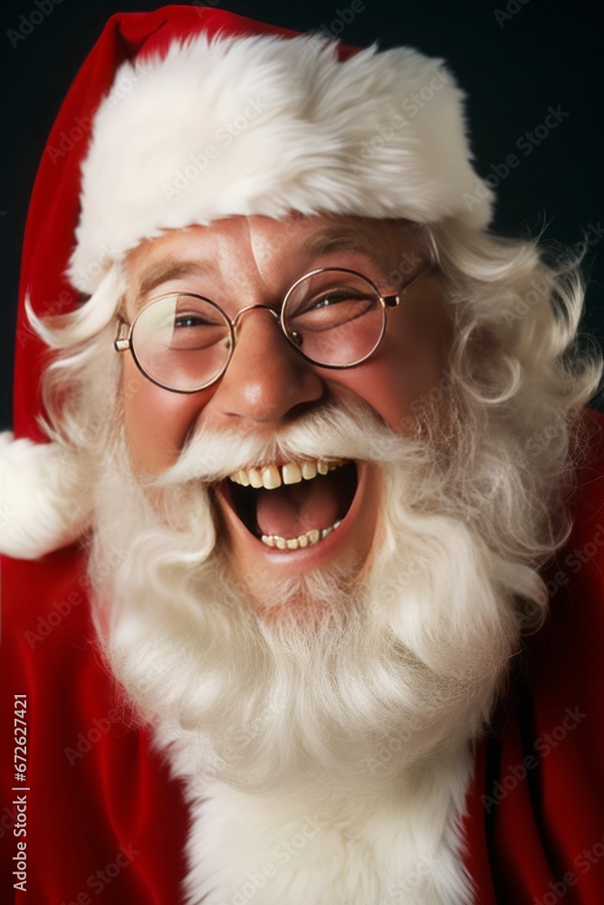 Close up of a Santa Claus. A man wears a red costume and hat for New Year's Eve. Black background. Close up of a Santa Claus. A man wears a red costume and hat for New Year's Eve. Black background.