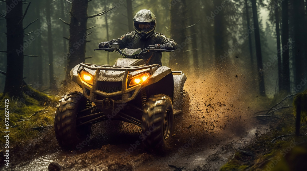 All-terrain ATV Quad Rider on blurred motion mud dirt road at rainy