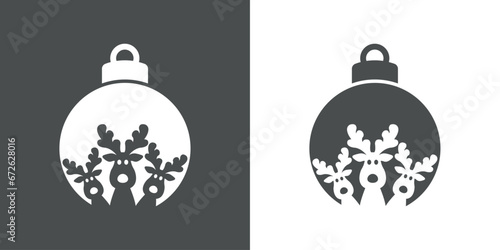 Tiempo de Navidad. Logo con silueta de bola de navidad con grupo de cabezas de renos y reno Rudolph asomados para su uso en invitaciones y felicitaciones