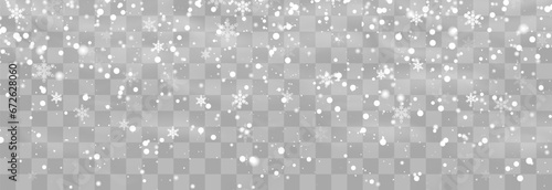 Christmas snow. Falling snowflakes on png background. Vector heavy snowfall. White snowflakes flying in the air. Snow flakes, snow and blizzard. Vector illustration isolated on transparent.