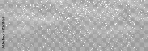 Christmas snow. Falling snowflakes on png background. Vector heavy snowfall. White snowflakes flying in the air. Snow flakes, snow and blizzard. Vector illustration isolated on transparent.
