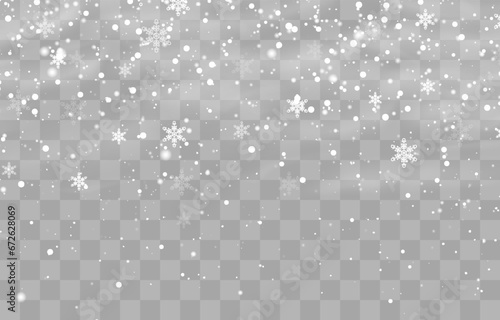 Christmas snow. Falling snowflakes on png background. Vector heavy snowfall. White snowflakes flying in the air. Snow flakes, snow and blizzard. Vector illustration isolated on transparent.