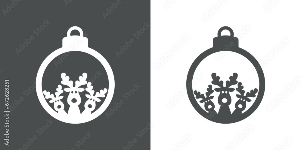Tiempo de Navidad. Logo con silueta de bola de navidad con grupo de cabezas de renos y reno Rudolph asomados para su uso en invitaciones y felicitaciones Tiempo de Navidad. Logo con silueta de bola de navidad con grupo de cabezas de renos y reno Rudolph asomados para su uso en invitaciones y felicitaciones