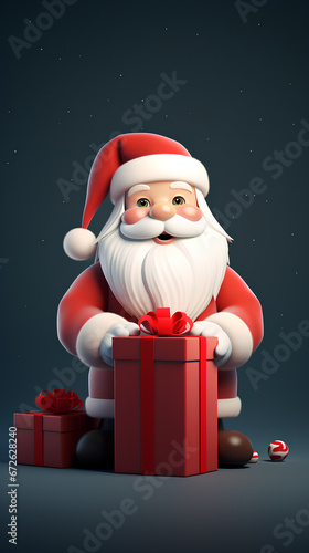 cute santa claus and gift box 3d rendering style, merry christmas background