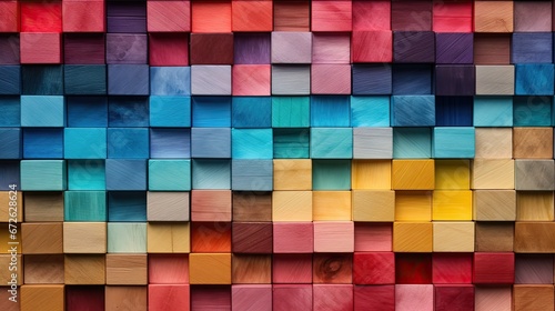 Colorful wooden cubes wall background. Abstract background of multicolored wooden cubes. ai generative