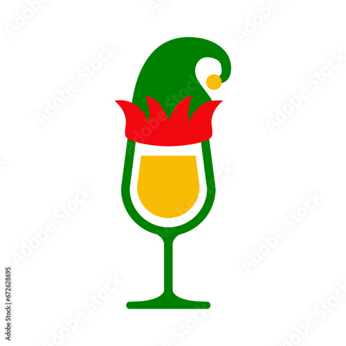 Tiempo de Navidad. Logo con copa de vino o champaña con sombrero de elfo de Santa Claus en para su uso en invitaciones y felicitaciones