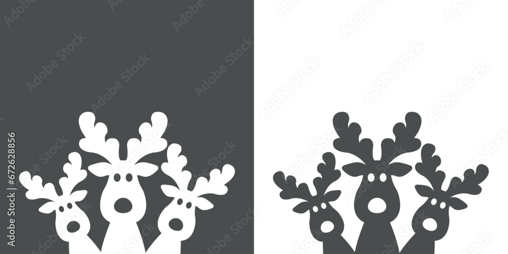 Tiempo de Navidad. Logo con silueta de grupo de cabezas de renos y reno Rudolph asomados para su uso en invitaciones y felicitaciones - obrazy, fototapety, plakaty 