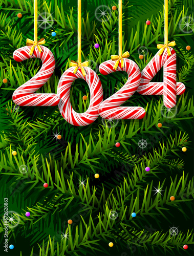 New Year 2024 in shape of candy stick against pine branches. Year number like holiday candies. Vector illustration for new years day, christmas, winter holiday, sweet-stuff, new years eve, food, etc