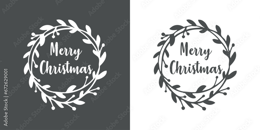 Logo con palabra en texto manuscrito Merry Christmas en silueta de corona navideña de hojas y bayas de acebo para tarjetas y felicitaciones