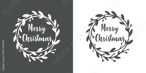 Logo con palabra en texto manuscrito Merry Christmas en silueta de corona navideña de hojas y bayas de acebo para tarjetas y felicitaciones