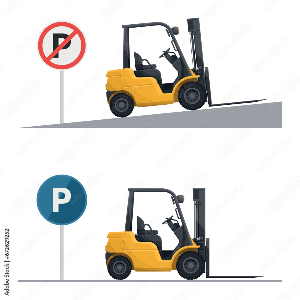 Properly parking the forklift on flat surfaces and not on slopes. Safety in handling a fork lift truck. Security First. Accident prevention at work. Industrial Safety and Occupational Health