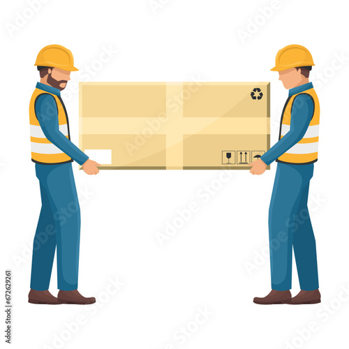 Industrial delivery workers carrying a box for shipping. Security First. Cargo and shipping logistics. Industrial storage and distribution of products. Industrial Safety and Occupational Health