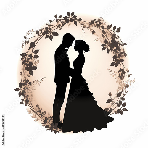 Bride and groom silhouette, facing the future together, isolated on white background