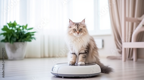 Cute cat on robotic vacuum cleaner at home. 