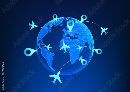Transportation and logistics business technology Airplane pins on globe to deliver goods By using technology and artificial intelligence to help manage the transportation system to increase efficiency