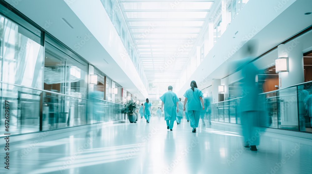 group of medical staff walking in hospital corridor, motion blur, medical concept