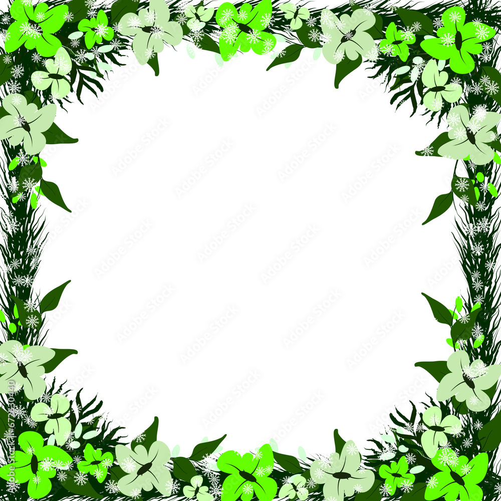 Spring Floral Frame Clipart. winter Border with Snowfall , green leaves and flower Spring Floral Frame Clipart. winter Border with Snowfall , green leaves and flower