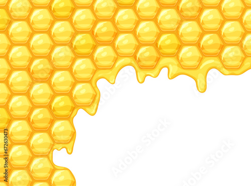 Beehive pattern with honeycombs. Hexagonal wax bee combs with yellow honey drops. Abstract geometric background with drips isolated on white background, vector cartoon illustration
