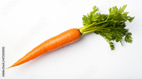 a carrot with a green stalk on a white surface