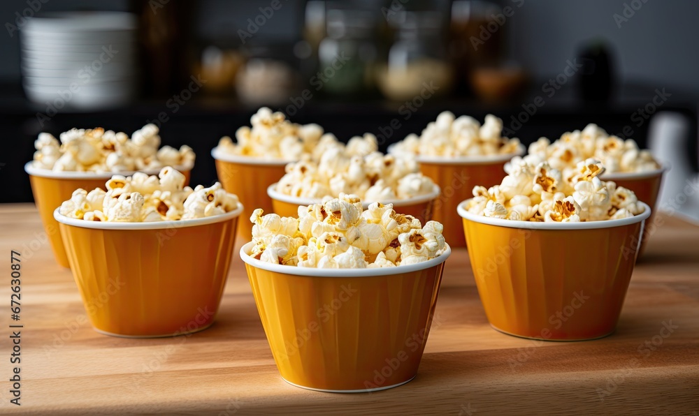 A Rustic Table Setting with Vibrant Popcorn Filled Cups A Rustic Table Setting with Vibrant Popcorn Filled Cups