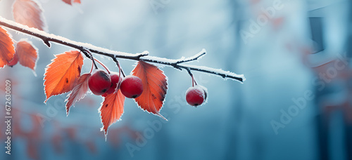 Hawthorn berries in natures  frost and snow on dry forest bushes and seeds ripe red berries of crataegus laevigata plant. midland hawthorn, mayflower.AI Generative photo