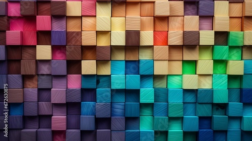 Colorful background of wooden blocks. A Spectrum of multi-colored wooden blocks aligned. Background. generative ai