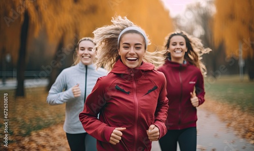 Women in Motion: A Dynamic Scene of Rainy Day Runners