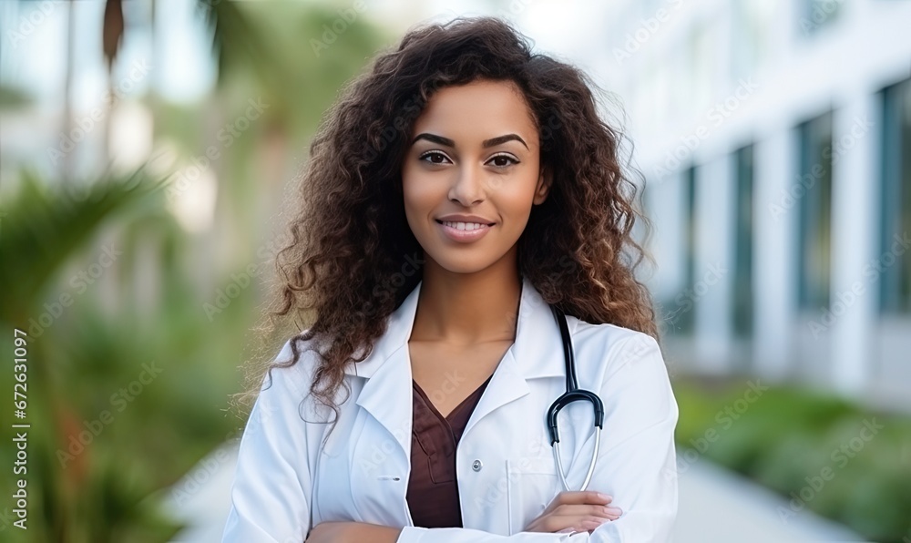 Woman in a White Coat Standing Proudly Outside a Modern Medical Facility Woman in a White Coat Standing Proudly Outside a Modern Medical Facility