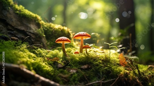 Mushrooms grow in the forest on the mossy ground with sunlight. generative ai