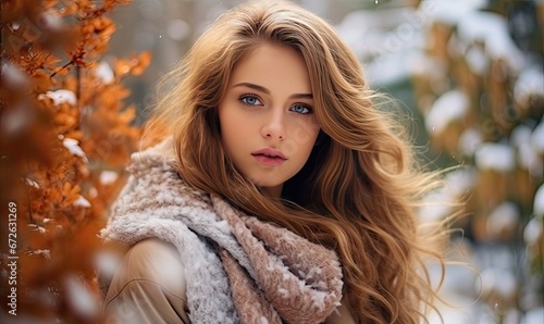 Woman With Flowing Locks and Fashionable Scarf