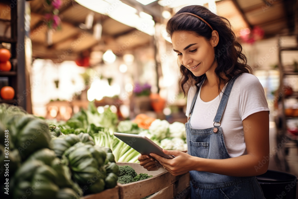 Portrait of a young woman using a digital tablet while working at a farmer’s market