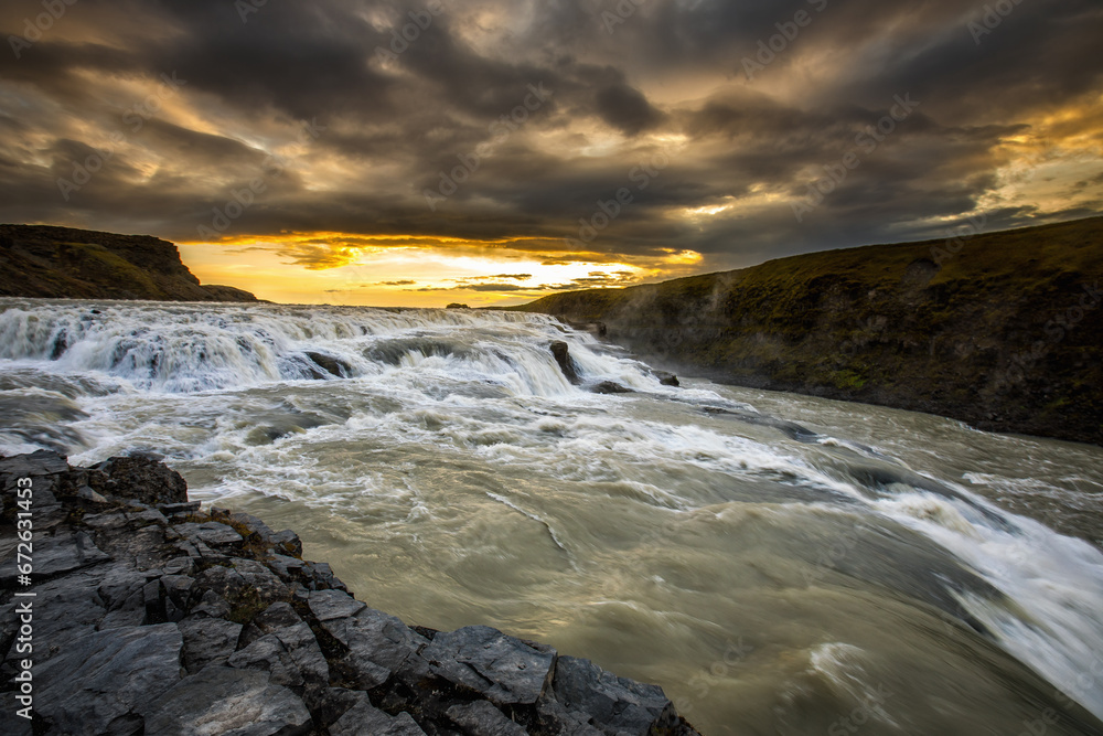 Icelandic waterfall Gullfoss, the most powerful waterfall in Europe.