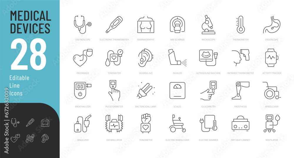 Medical Devices Line Editable Icons set. Vector illustration in modern thin line style of icons of devices for medical examination and measurements of health indicators. Isolated on white. - obrazy, fototapety, plakaty 