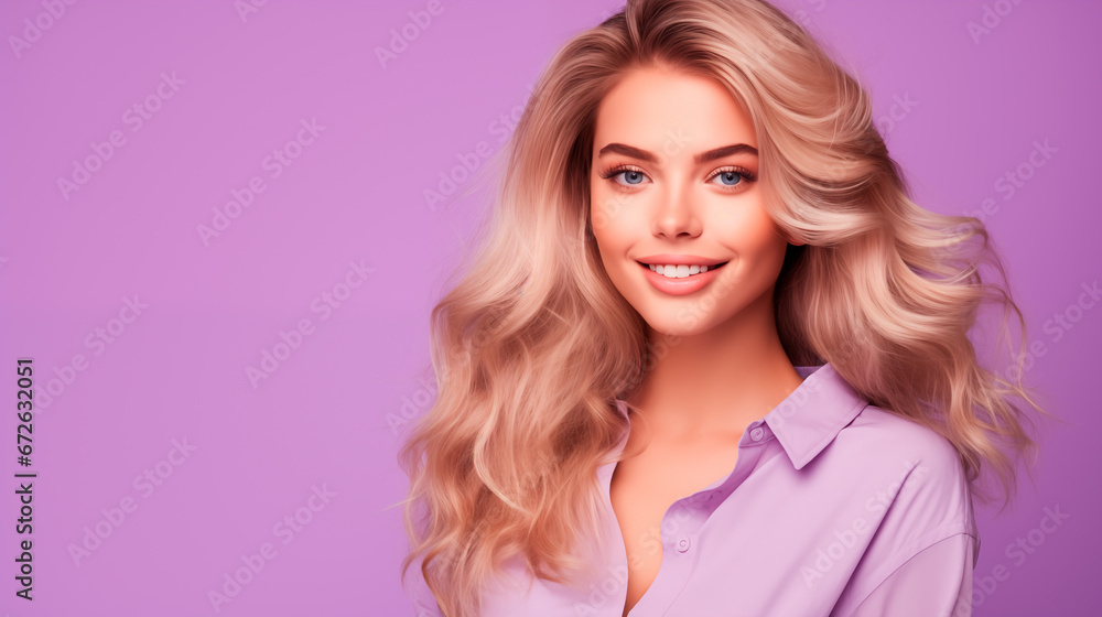 Portrait of a beautiful young woman with long blond hair on a purple background. Portrait of a beautiful young woman with long blond hair on a purple background.